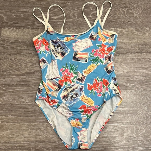 Beach Cabana Other - VTG 90s Hawaii Postcard Print One Piece Swimsuit Blue Tropical Floral Small